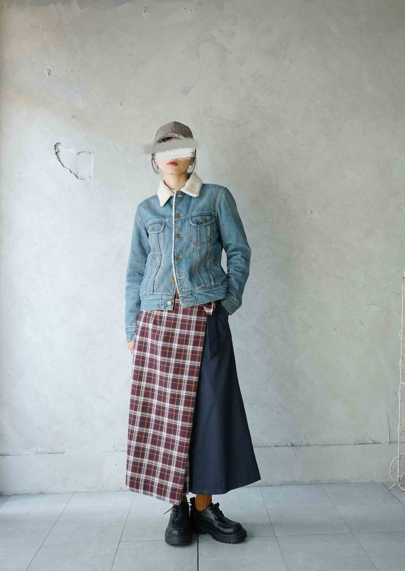 Handmade Design - Unique Plaid Navy Blue & Purple Tones, Patchwork, Asymmetrical Tie-Waist Wide-Leg Pants - กางเกงขายาว - เส้นใยสังเคราะห์ สีน้ำเงิน