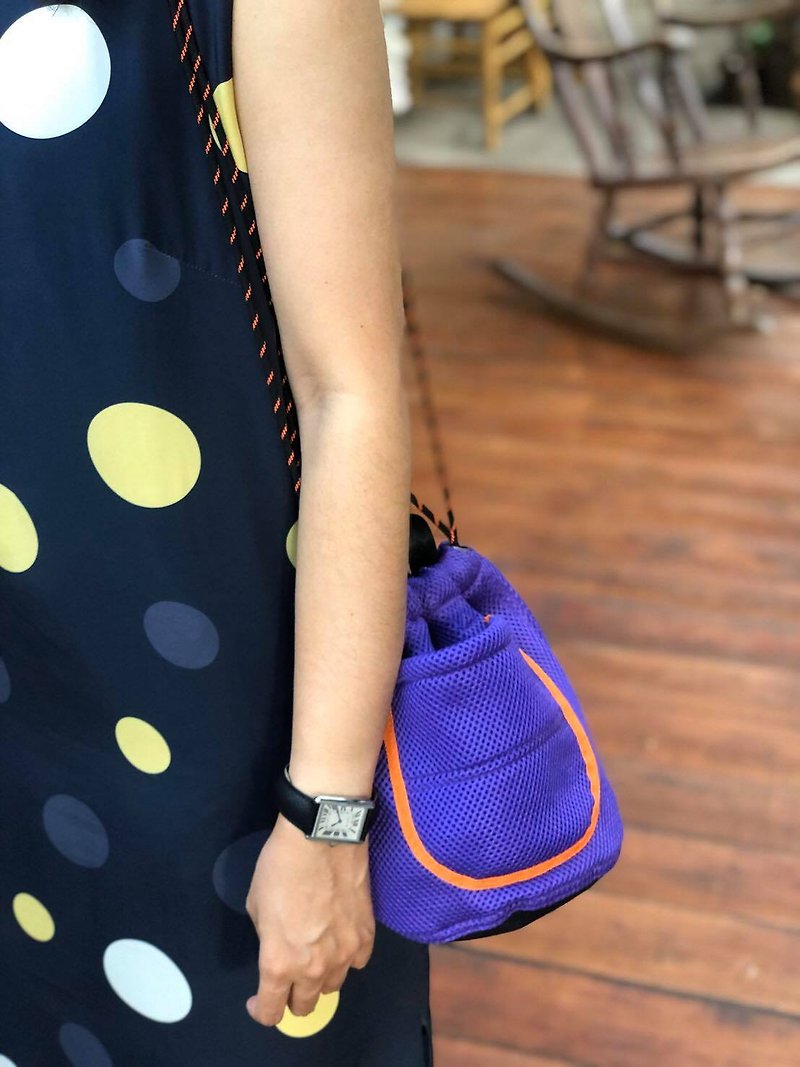 Mini Purple Sandwich Nylon Bucket Bag with strap / Short Handles /Daily use - กระเป๋าแมสเซนเจอร์ - ไนลอน สีม่วง