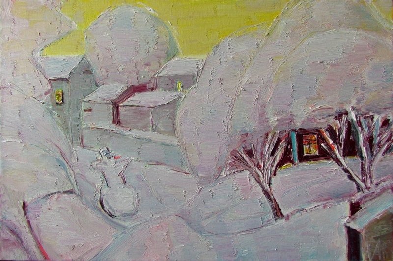 Snowman painting, modern winter painting, Winter evening - ตกแต่งผนัง - วัสดุอื่นๆ 