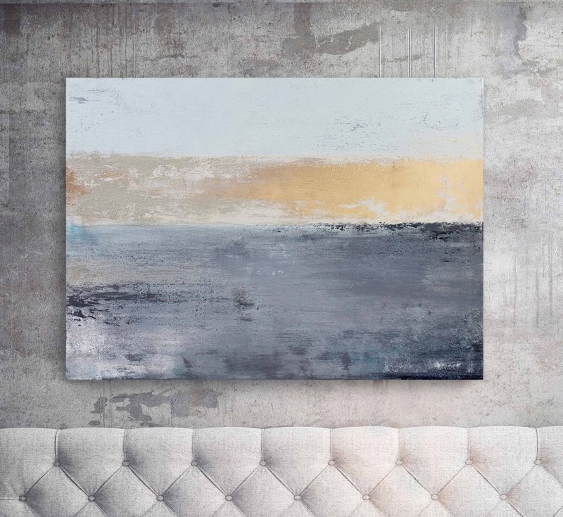 Light gold painting| Light blue gold wall art|Wall art light blue and gray| Road - 壁貼/牆壁裝飾 - 棉．麻 藍色