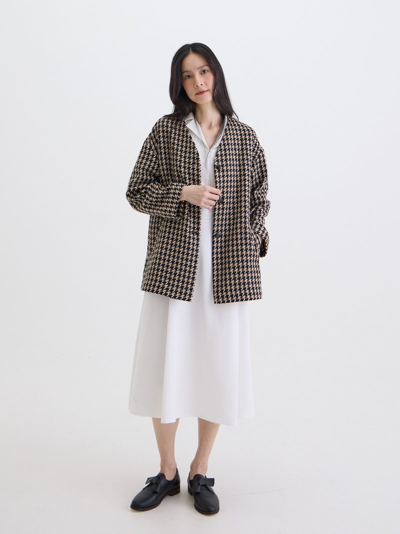 ミランダ Vネック立体仕立てジャケット - カーキ千鳥 - ジャケット - ウール カーキ