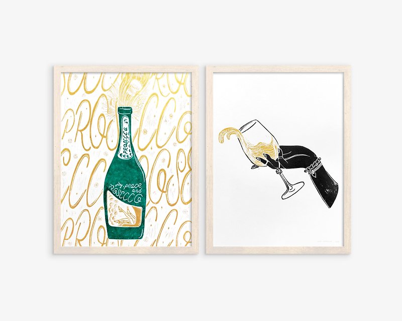 Gallery wall set of 2 Linocut prints Prosecco Women hand with glass white wine - โปสเตอร์ - กระดาษ สีทอง