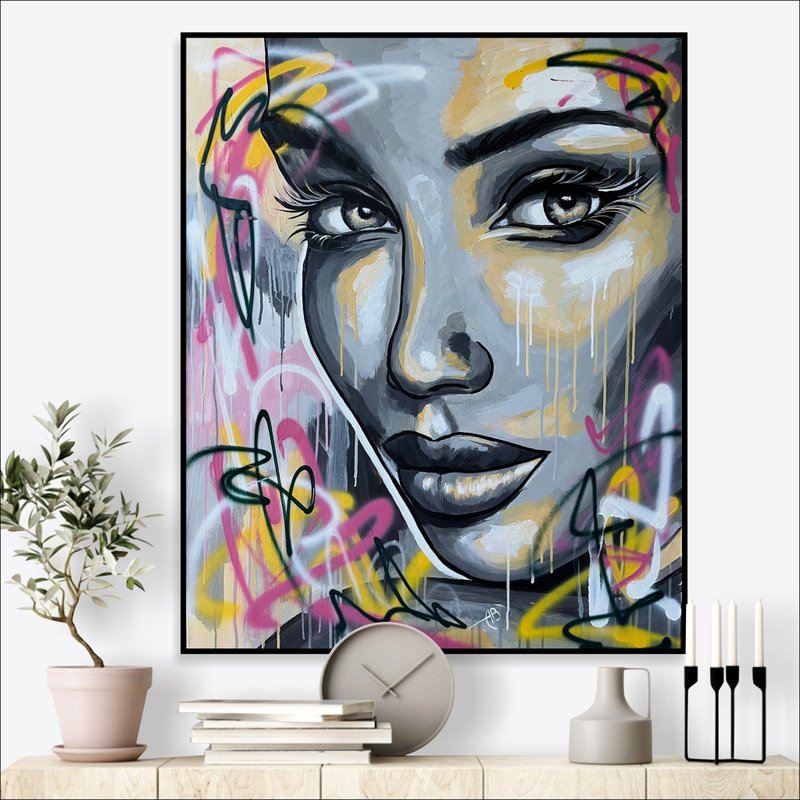 Abstract Black and White Woman Portrait with a Dynamic Street Art Original - 壁貼/牆壁裝飾 - 壓克力 多色
