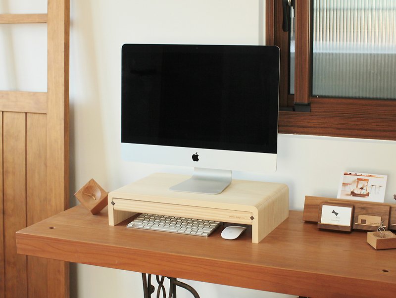 ㄇ型原木螢幕架-抽屜款-公版4SII高度加高版-鍵盤架 - 收納箱/收納用品 - 木頭 咖啡色