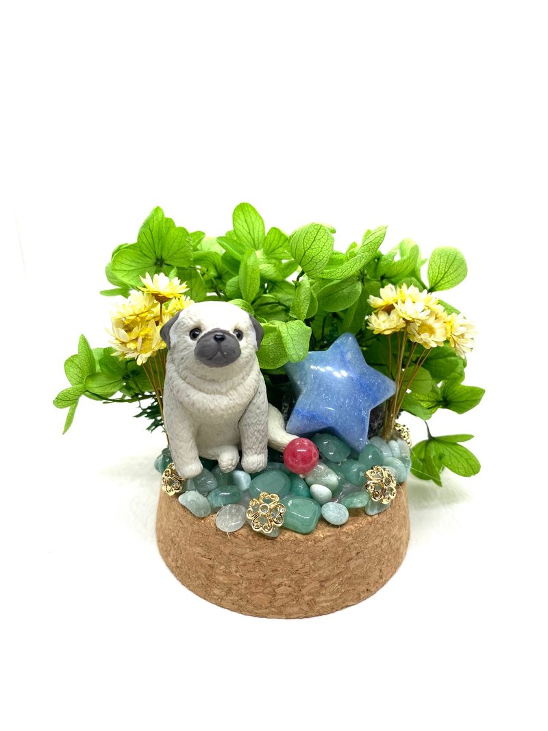 Pug and Blue Aventurine Star/ Stone-Crystal Doll Dried Flower Arrangement - ของวางตกแต่ง - คริสตัล 