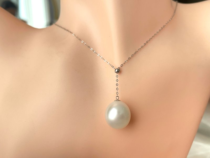 Dragon Ball natural seawater pearl Australian white pearl 18K white gold pull-out Y chain - Necklaces - Pearl White