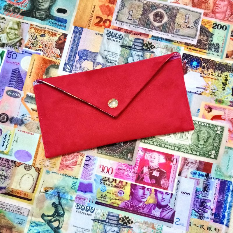 [ENT/Universal Red Envelope Bag] The inside is printed with international banknotes, French suede cloth, Burgundy red wine red - ถุงอั่งเปา/ตุ้ยเลี้ยง - ผ้าฝ้าย/ผ้าลินิน สีแดง