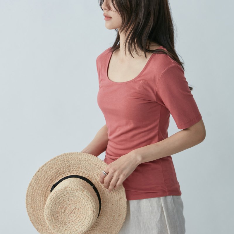 U-neck half-sleeve knitted top - pink - เสื้อยืดผู้หญิง - ผ้าฝ้าย/ผ้าลินิน สึชมพู