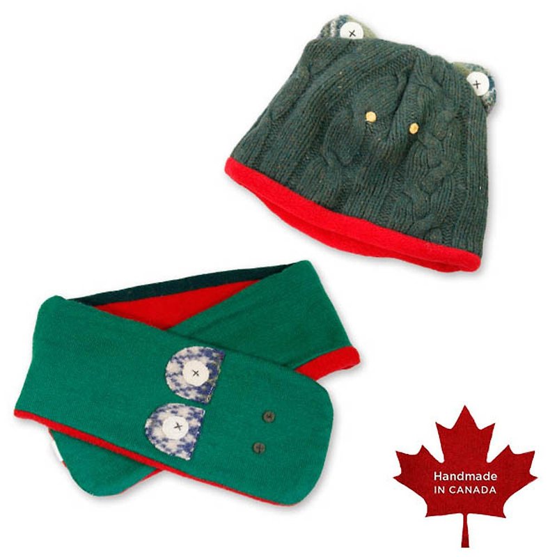 手工動物造型毛帽圍巾保暖組合-青蛙 - 滿月禮物 - 羊毛 綠色