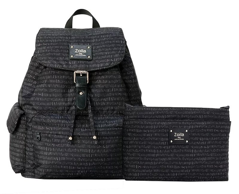 Line black _ style beam mouth backpack + double crossbody bag _ mother bag _ parenting bag - กระเป๋าคุณแม่ - เส้นใยสังเคราะห์ สีดำ