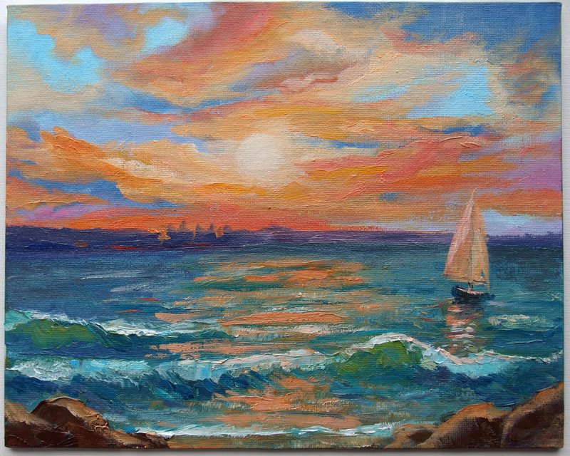 Seascape sunset and sales boat in the open sea exclusive oil painting on canvas - 壁貼/牆壁裝飾 - 其他材質 橘色