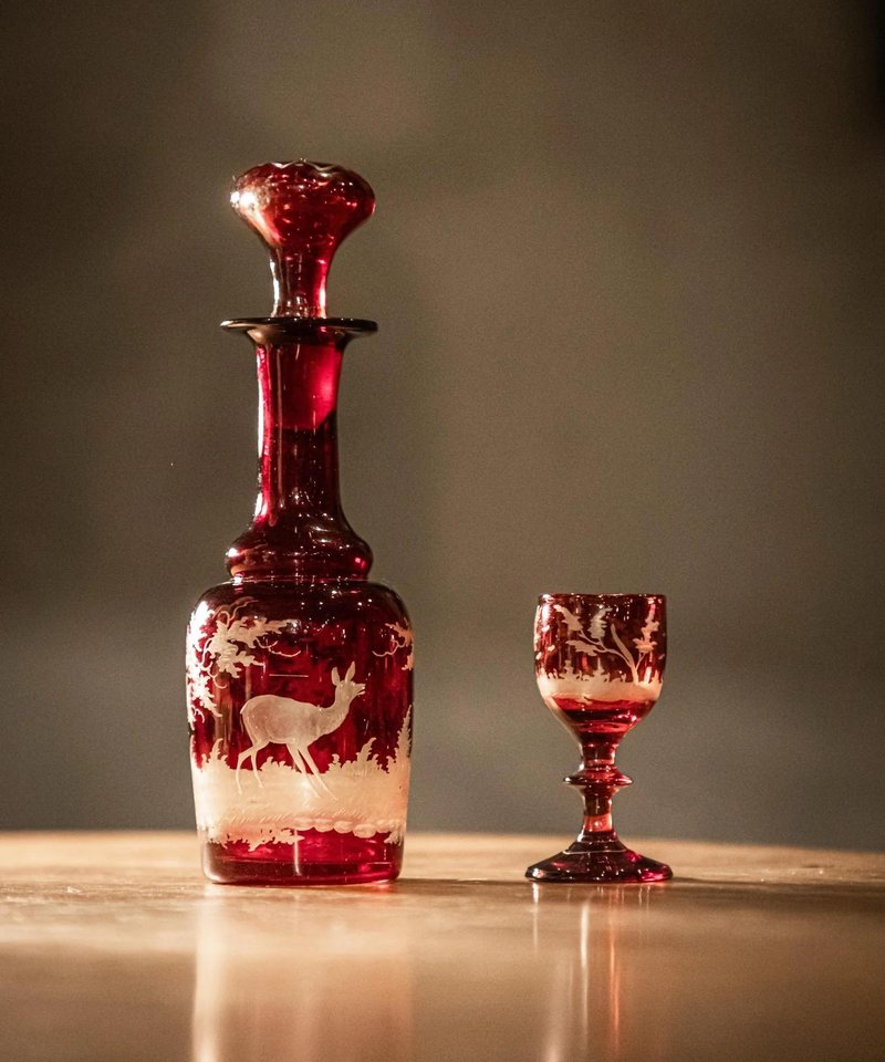 波希米亞捷克蝕刻紅寶石色玻璃醒酒器及瓶塞 - 酒杯/酒器 - 玻璃 
