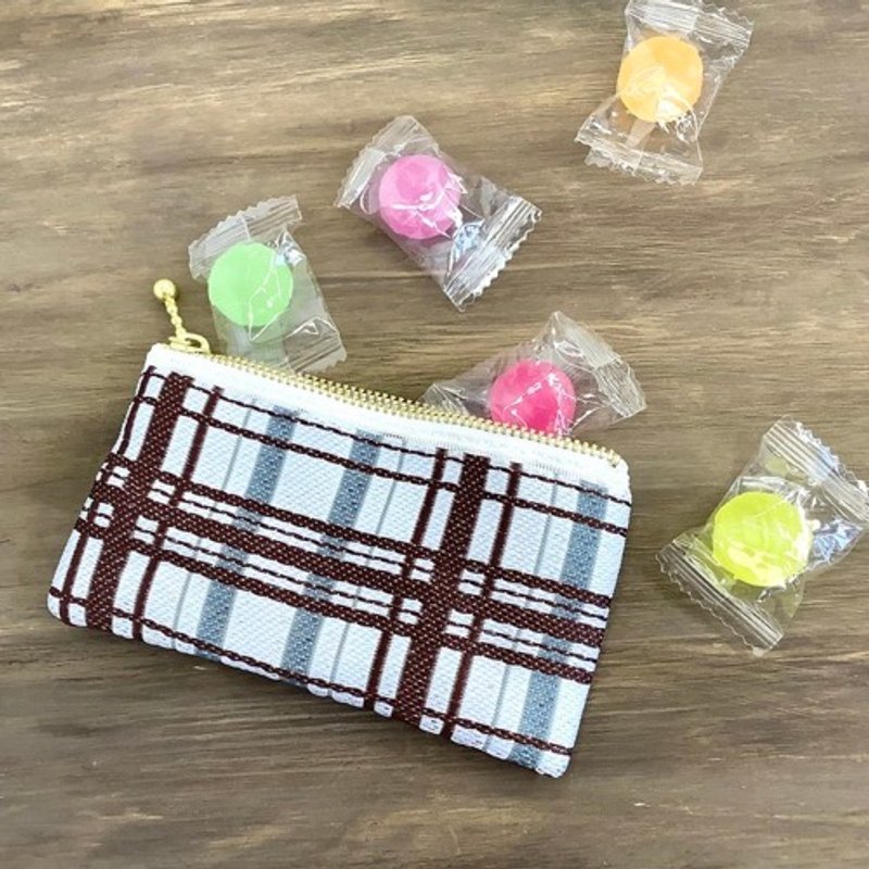 【タータンチェック】畳縁　ぺたんこ　ミニポーチ　小銭入れ　カードケース　茶　シンプル - 化妝包/收納袋 - 其他材質 咖啡色