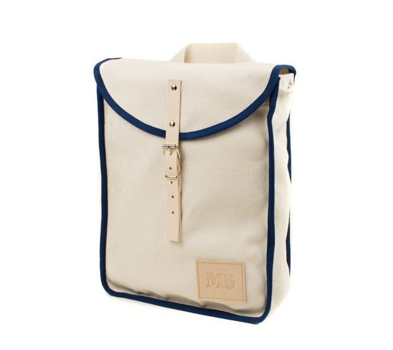 Mödernaked [西班牙手工製作] Heap Backpacks 100%純棉|皮革|拼接|抽繩 後背包 (白＋藍邊) - 後背包/背包/書包 - 棉．麻 白色