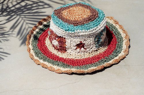 omhandmade 限量一件 手工編織棉麻帽/編織帽/漁夫帽/草帽 - 復古色漸層森林花朵編織