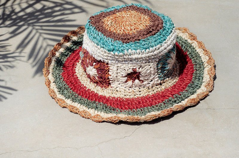 A limited edition hand-woven cotton Linen cap / knit cap / hat / straw hat - retro color gradients forest flowers woven - Hats & Caps - Cotton & Hemp Multicolor