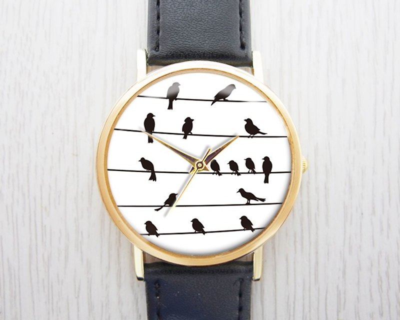 Little Bird on Telephone Pole-Ladies' Watches/Men's Watches/Unisex Watches/Accessories【Special U Design】 - นาฬิกาผู้หญิง - โลหะ สีดำ