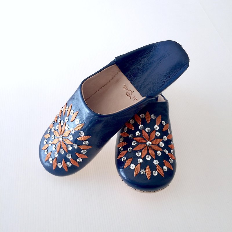 Babouche Slipper/拖鞋/綺麗な刺繍バブーシュ　アリナス ネイビー×オレンジ - 其他 - 真皮 藍色