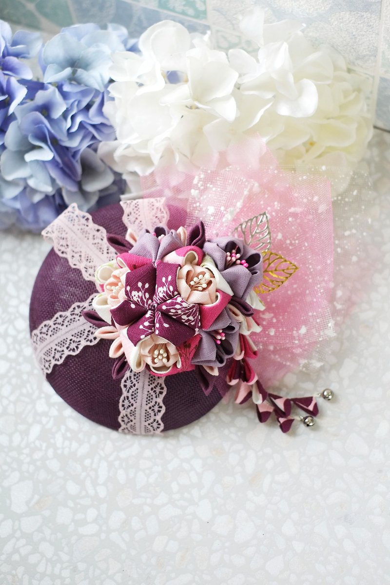 [Yang粋スタイル]つまみ handmade-Western style small round hat. Clusters of flowers (dark purple) - Hair Accessories - Cotton & Hemp Purple