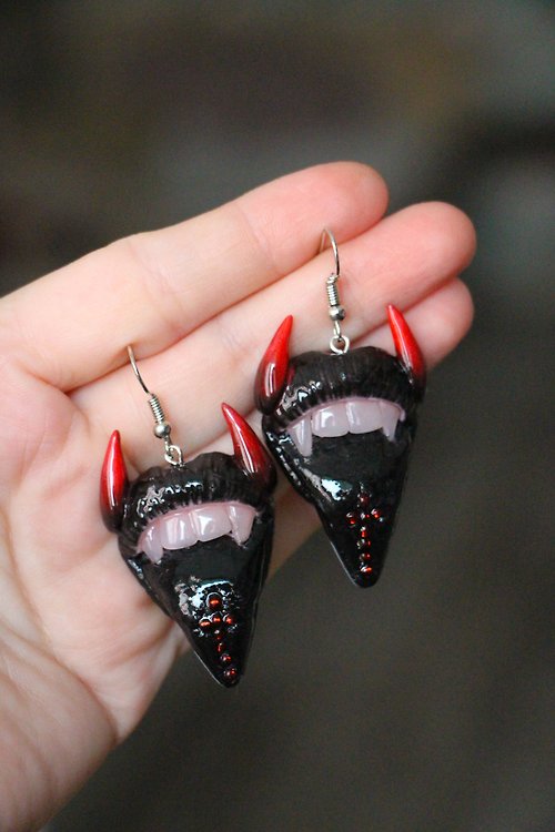 KhvedchinaClayArt Goth earrings Black Red earrings Funky earrings