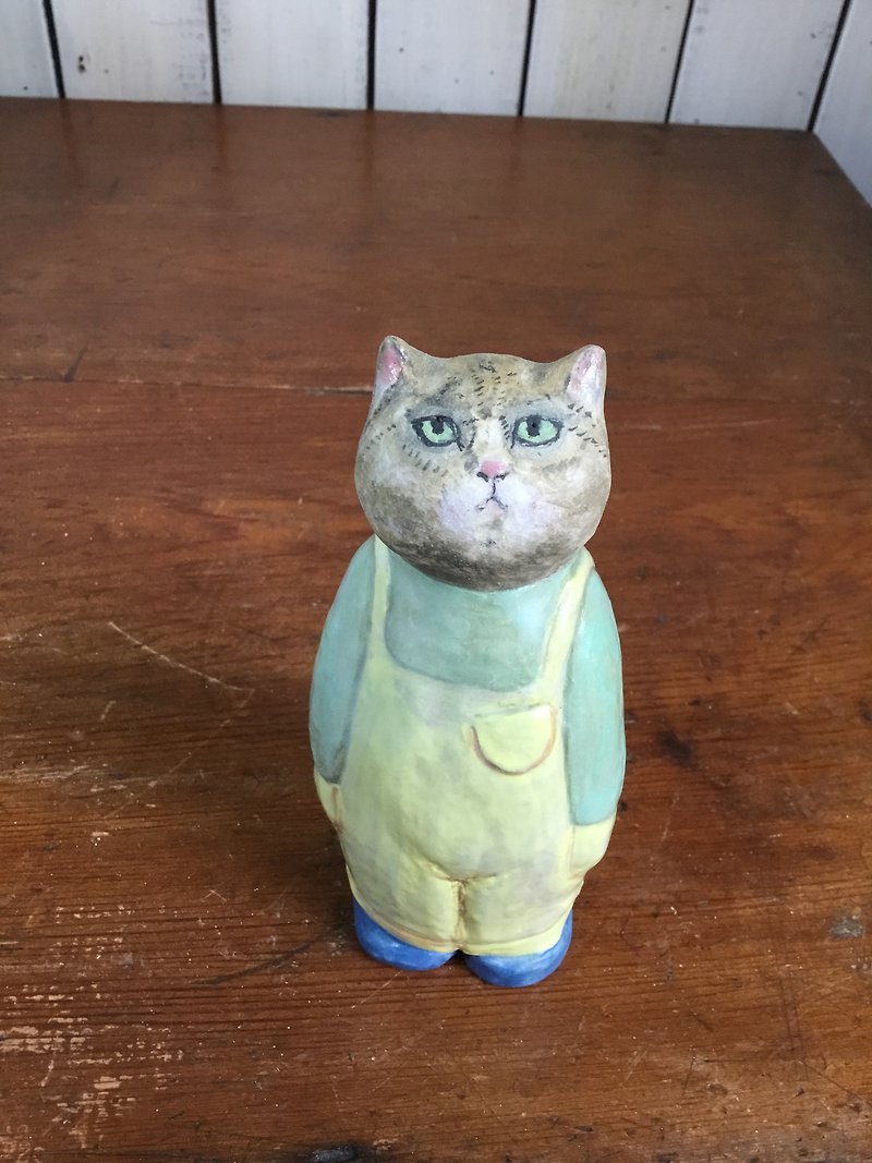 Pottery/Suspenders Tabby Cat - Stuffed Dolls & Figurines - Pottery Yellow
