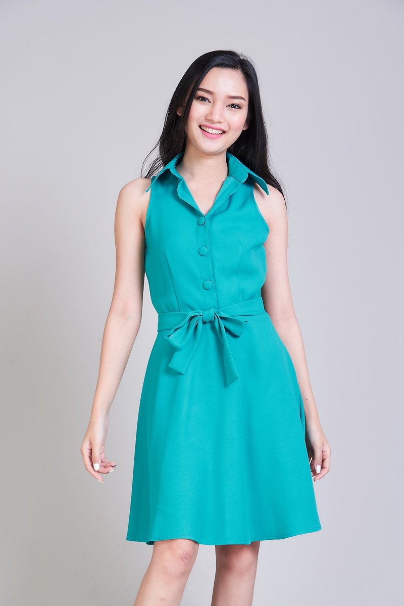 Shirt Dress เดรสเชิ้ต เดรสใส่ทำงาน ปกเชิ้ตกระโปรงบาน Jade Green Dress - ชุดเดรส - เส้นใยสังเคราะห์ สีน้ำเงิน