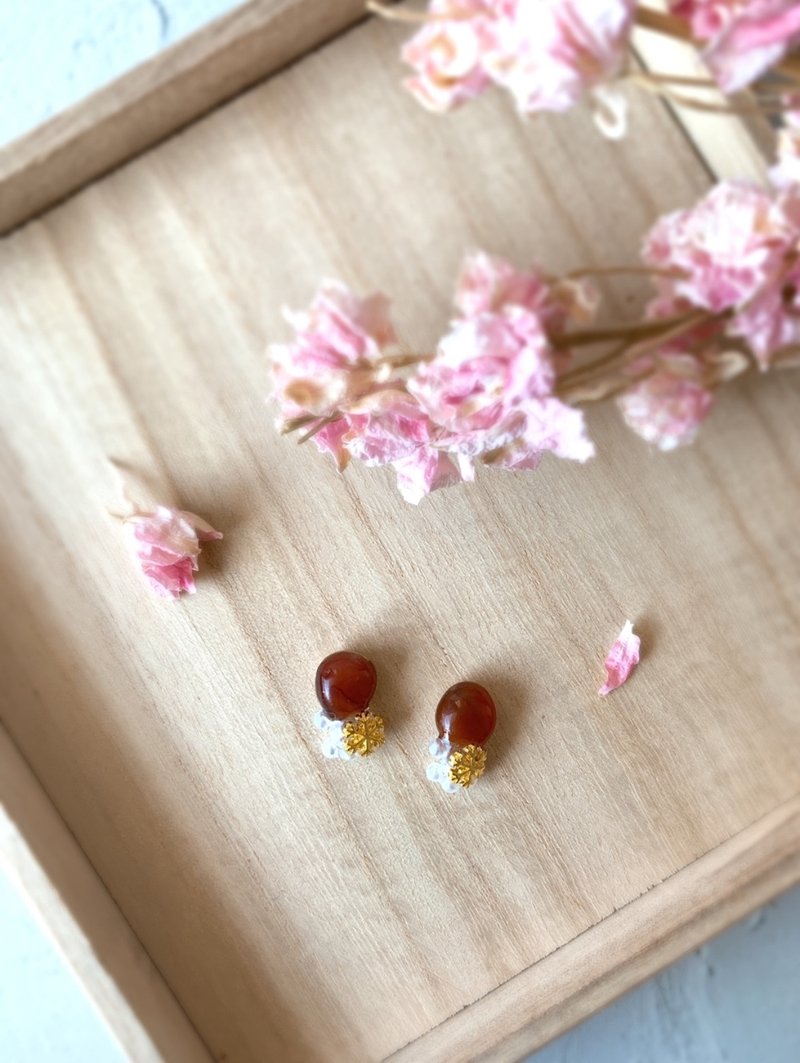 Snow Sardonyx Gold Inlay Earrings Non-pierced Earrings Natural Stone Pearl Orange Gold Gorgeous Gift Present Birthday Mother's Day - ต่างหู - หิน สีส้ม