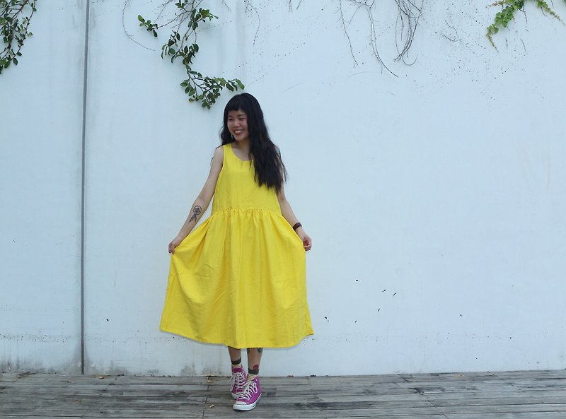 鮮黃色連身裙 - 洋裝/連身裙 - 棉．麻 黃色