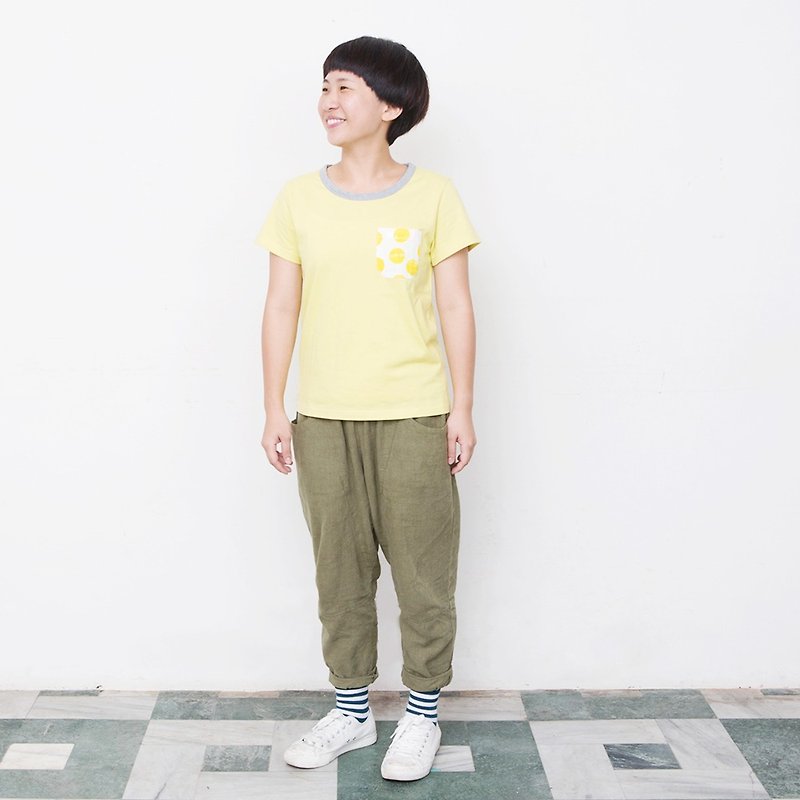 Mushroom MOGU / Organic Cotton / Pocket Short Sleeve / Sun Cake - เสื้อฮู้ด - ผ้าฝ้าย/ผ้าลินิน สีเหลือง