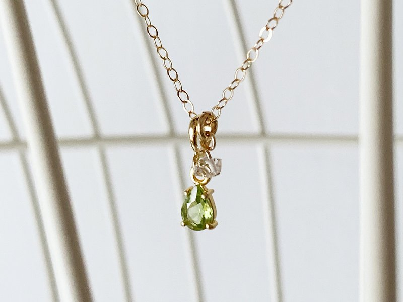 Peridot and Herkimer diamond necklace that repels negatives (K14GF) - Necklaces - Semi-Precious Stones Green