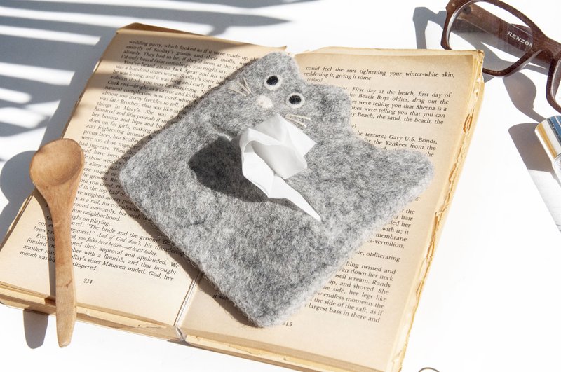 Wool felt facial tissue bag/cat fur baby facial tissue bag/animal shaped leisurely card holder - gray cat embroidery - อื่นๆ - ขนแกะ สีเทา