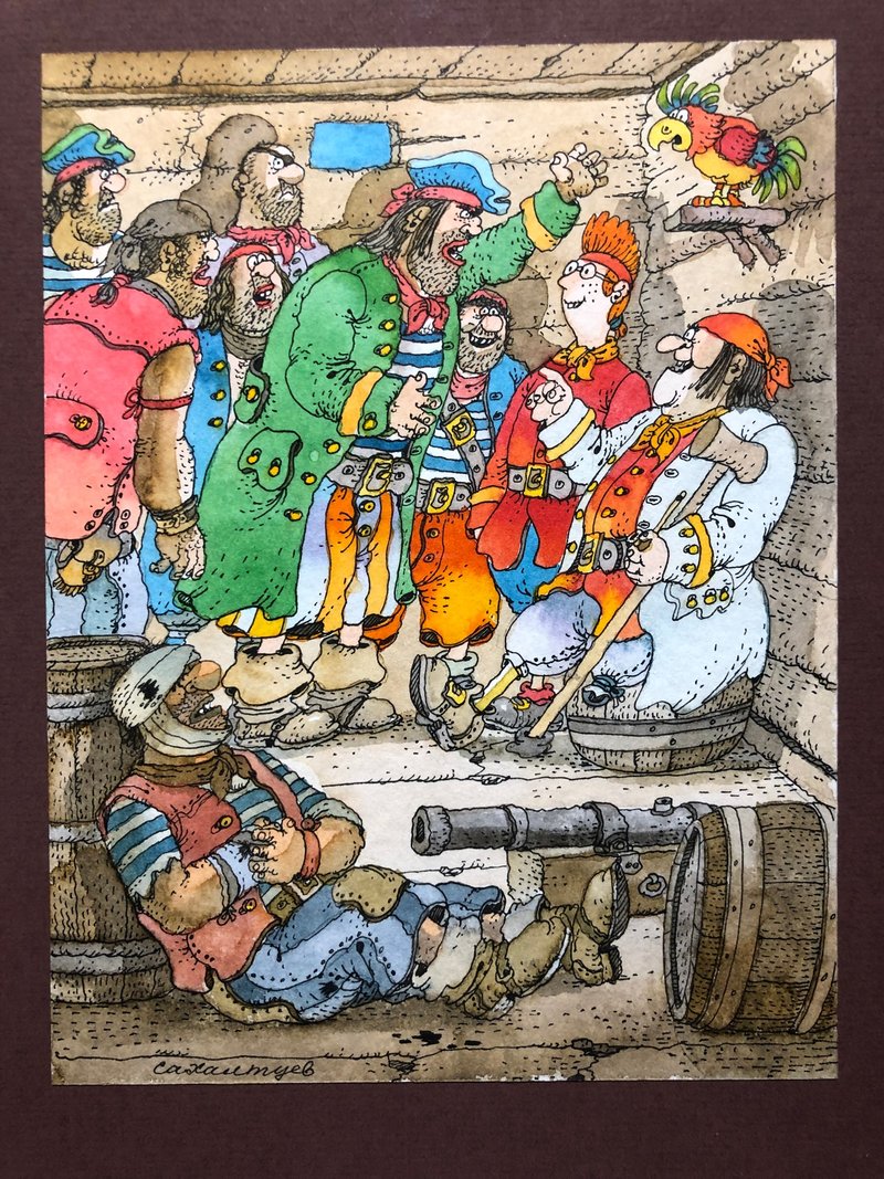 Treasure Island Pirates in the Fort Original Watercolor Painting Wall Art - 壁貼/牆壁裝飾 - 紙 多色