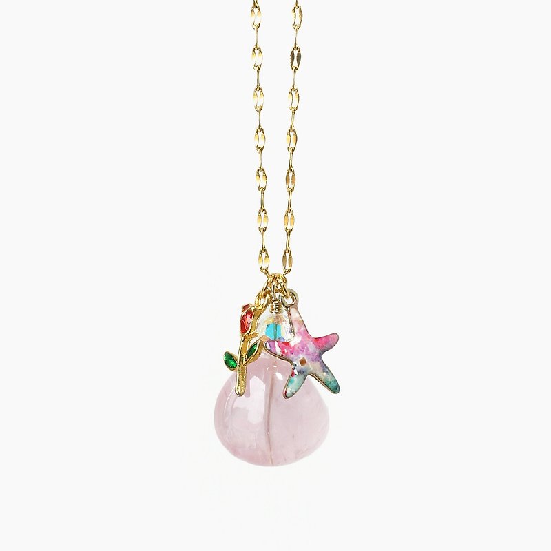 Rose Quartz Crystal Necklace with Tulip + Starfish Charms - สร้อยคอ - คริสตัล สึชมพู