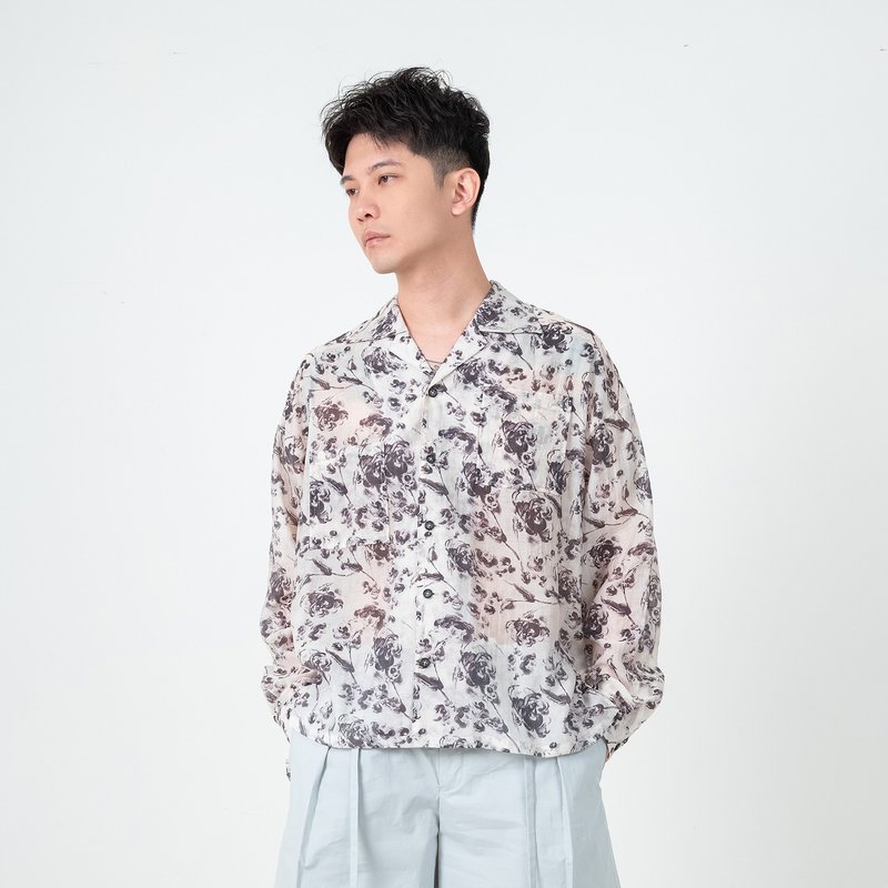 古巴領印花襯衫 - 男襯衫/休閒襯衫 - 棉．麻 灰色
