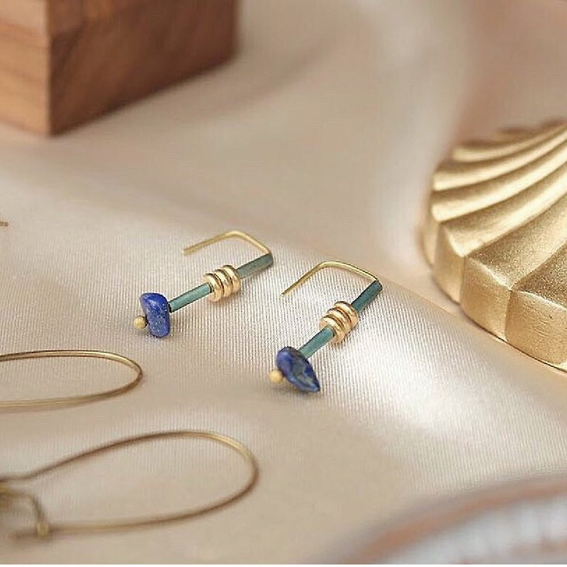 River Bronze lapis earrings pierced ears only money - Earrings & Clip-ons - Copper & Brass Gold