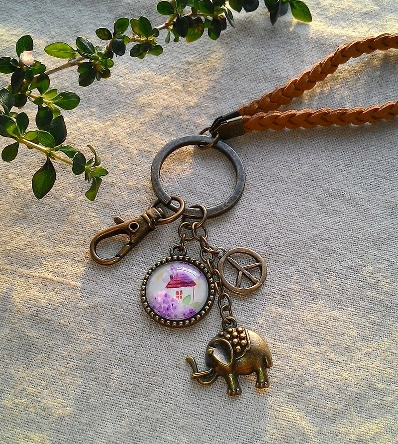 插畫古銅鑰匙圈-繡球花園小屋 - 鑰匙圈/鑰匙包 - 其他金屬 粉紅色