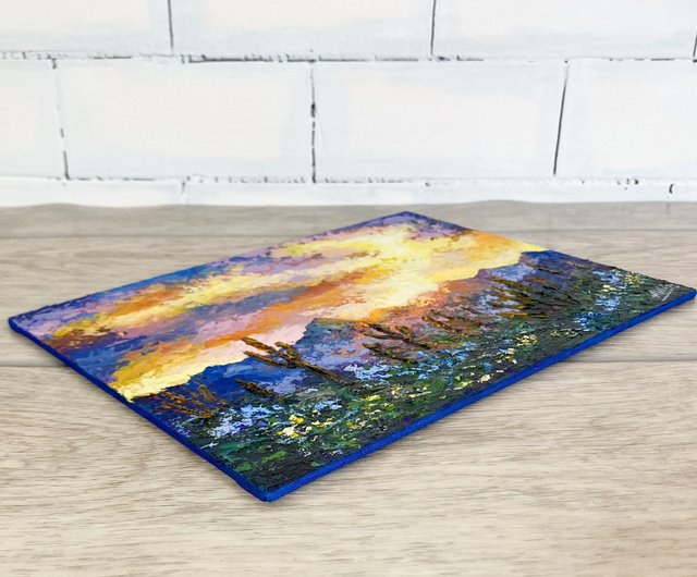 サボテンの絵画 オリジナルアクリル画 夕焼け空アート 山の風景