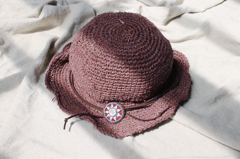 OMAKE REMAKE麻織りアフガンバッジレザーロープキャップ赤茶色 - 帽子 - コットン・麻 ブラウン