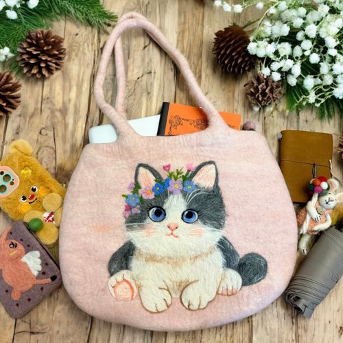 羊毛フェルト猫のフレ―ム、置物、ハンドメイドバック 手作りニードルフェルト 羊毛フェルトショルダーバッグ 猫ちゃん