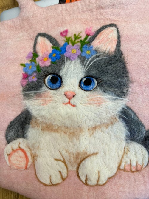 羊毛フェルト猫のフレ―ム、置物、ハンドメイドバック 手作りニードルフェルト 羊毛フェルトショルダーバッグ 猫ちゃん