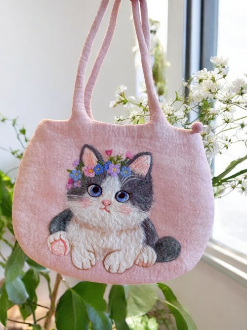 羊毛フェルト猫のフレ―ム、置物、ハンドメイドバック 羊毛フェルト猫のフレ―ム、置物、ハンドメイドバック