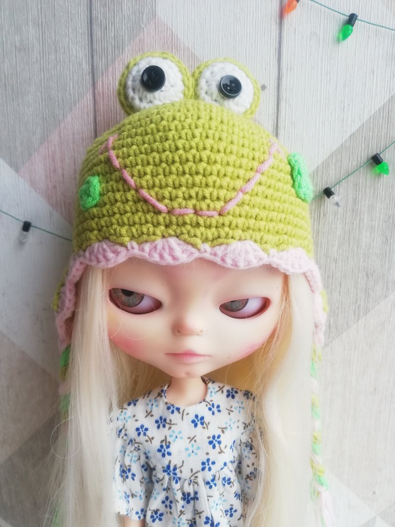 Blythe hat crochet green Frog - 玩偶/公仔 - 棉．麻 綠色