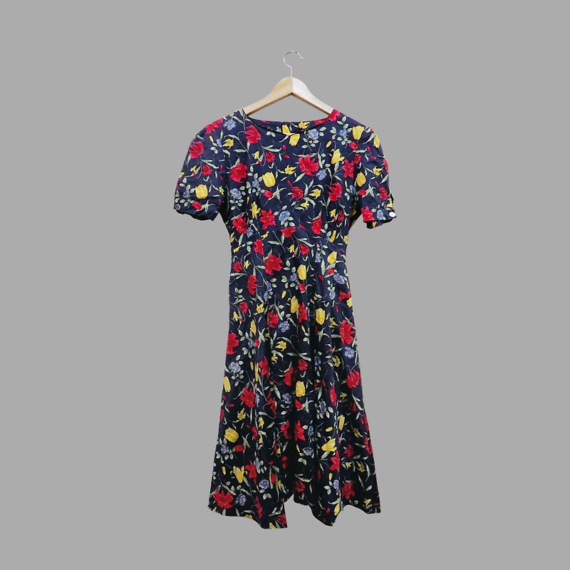 Vintage flower figure vintage dress dress - ชุดเดรส - ผ้าฝ้าย/ผ้าลินิน 