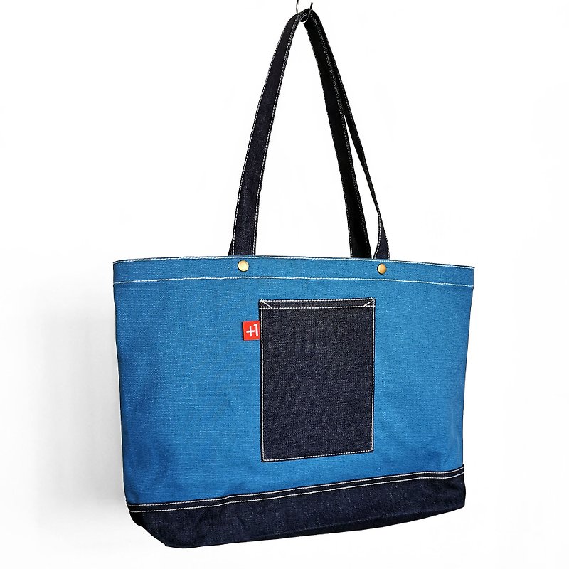Plus 1 Water Blue Canvas with Indigo Denim 3-Pocket Totebag - Handbags & Totes - Cotton & Hemp Blue