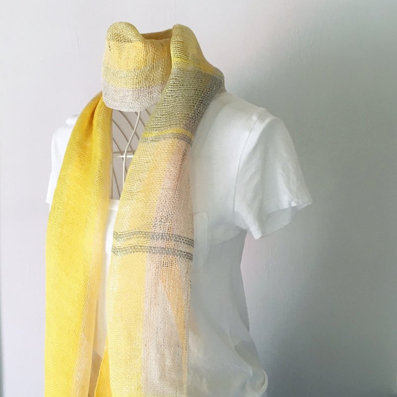 【French / Belgian linen & hemp & cotton: all season】 Unisex: hand-woven stole "Yellow Mix 2" - ผ้าพันคอ - ผ้าฝ้าย/ผ้าลินิน สีเหลือง