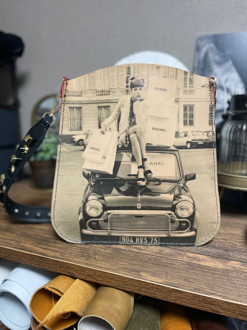 Japan Made  ファッションピクチャーレザーバッグ - 側背包/斜背包 - 真皮 咖啡色