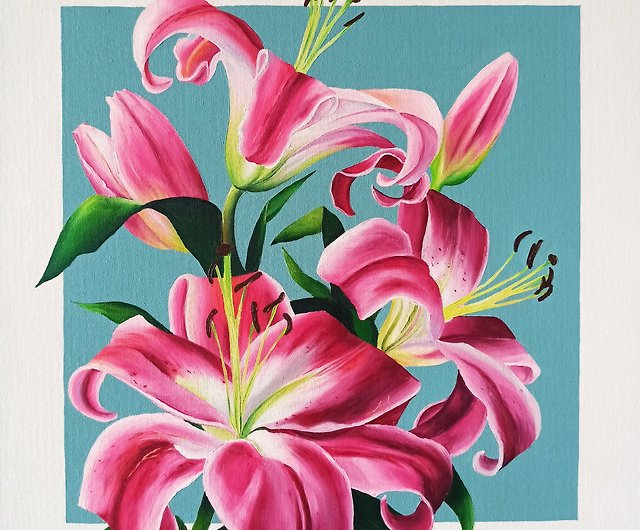 ピンクのユリの花の絵オリジナルアート油絵花の壁アート - ショップ