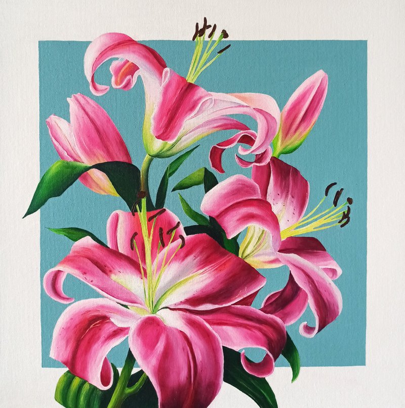 Pink Lilies Painting Flowers Original Art Oil Painting Floral Wall Art - โปสเตอร์ - ผ้าฝ้าย/ผ้าลินิน หลากหลายสี