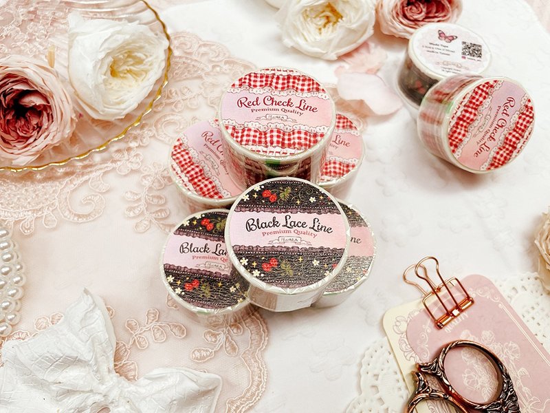 Washi_Red Check & Black Lace Line - 紙膠帶/和紙/PET - 紙 