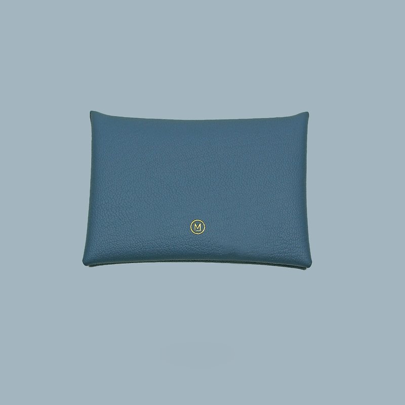 Customized gift genuine leather macaron grey blue card holder/wallet/card holder/card cas - กระเป๋าสตางค์ - หนังแท้ สีน้ำเงิน